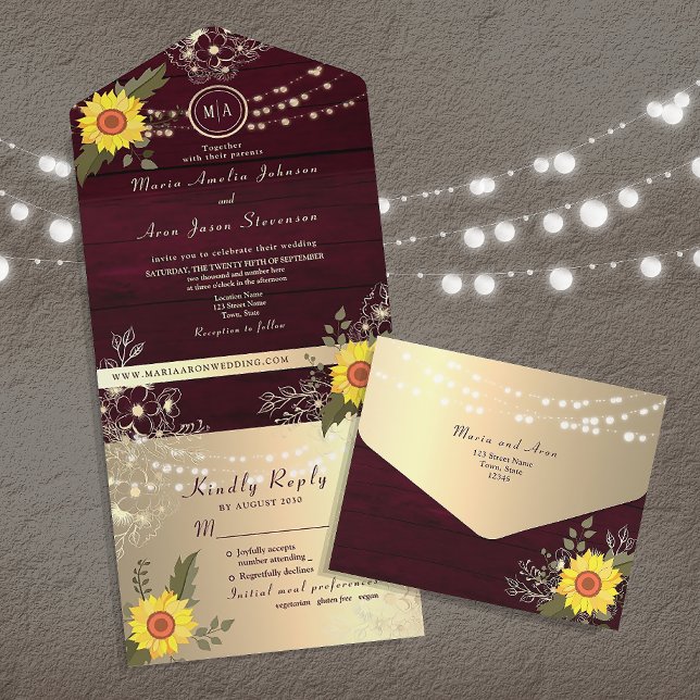 Country Rustic Sunflower String Lights Wedding  All In One Invitation (Creator Uploaded)