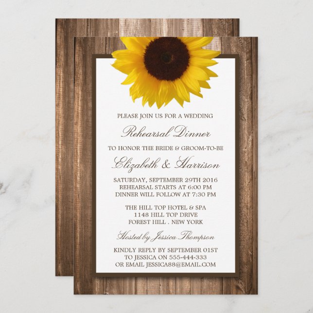 Country Rustic Sunflower Wood Rehearsal Dinner Invitation (Front/Back)