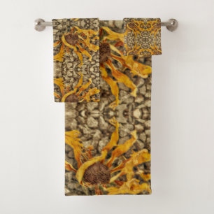 Country Rustic Sunflower Yellow Brown Abstract Bath Towel Set