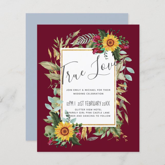 Country Rustic Sunflowers Burgundy Roses Wedding (Front/Back)