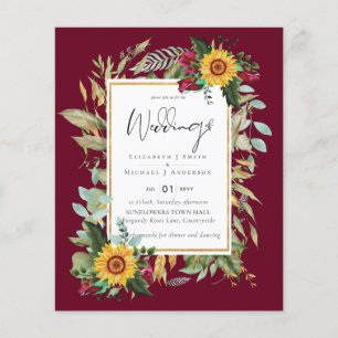 Country Rustic Sunflowers Burgundy Roses Wedding Flyer