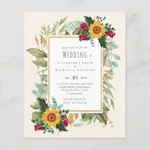 Country Rustic Sunflowers Burgundy Roses Wedding Flyer