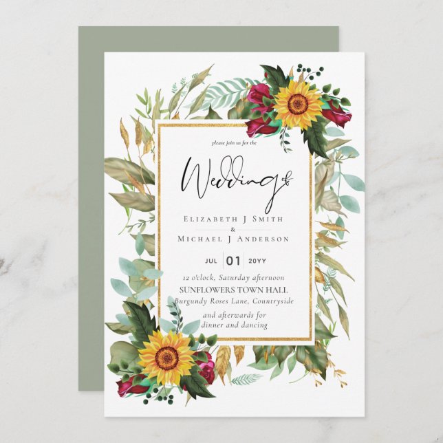 Country Rustic Sunflowers Burgundy Roses Wedding Invitation (Front/Back)