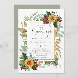 Country Rustic Sunflowers Burgundy Roses Wedding Invitation