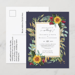Country Rustic Sunflowers Burgundy Roses Wedding P Postcard