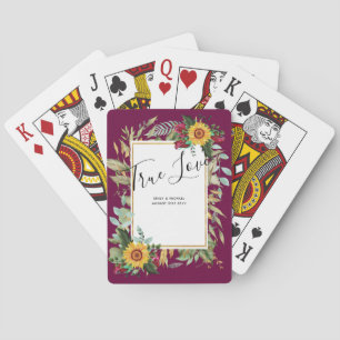 Country Rustic Sunflowers Burgundy Roses Wedding Playing Cards