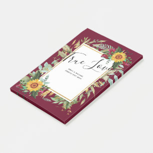 Country Rustic Sunflowers Burgundy Roses Wedding Post-it Notes