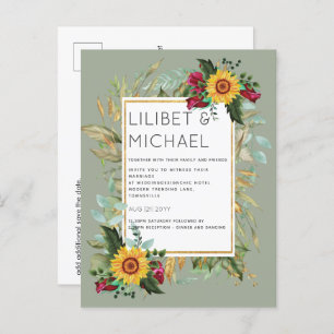 Country Rustic Sunflowers Burgundy Roses Wedding Postcard