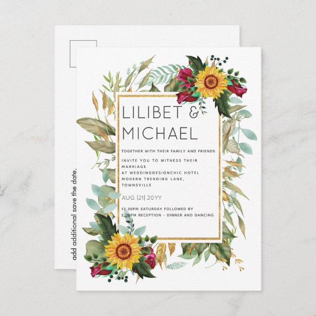 Country Rustic Sunflowers Burgundy Roses Wedding Postcard (Front/Back)