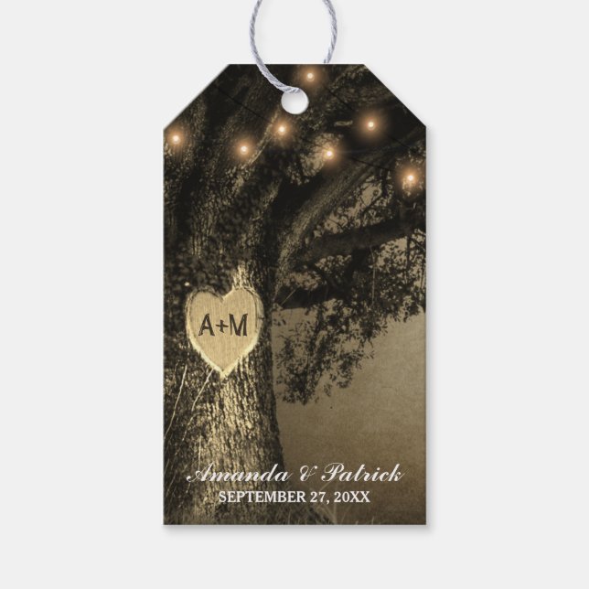 Country Rustic Vintage Carved Oak Tree Wedding Gift Tags (Front)