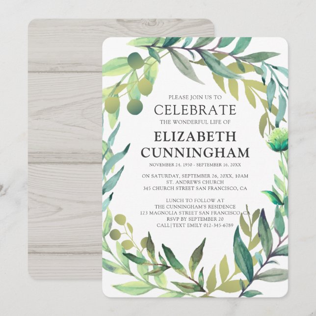 Country Rustic Watercolor Foliage Memorial Invitation (Front/Back)