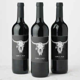 Country Rustic Western Black And White Bull Skull Wine Label