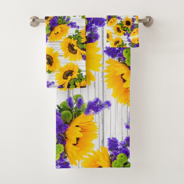 Country Rustic White Wood Purple Yellow Sunflower Bath Towel Set (Insitu)