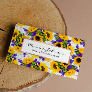 Country Rustic White Wood Purple Yellow Sunflower Business Card