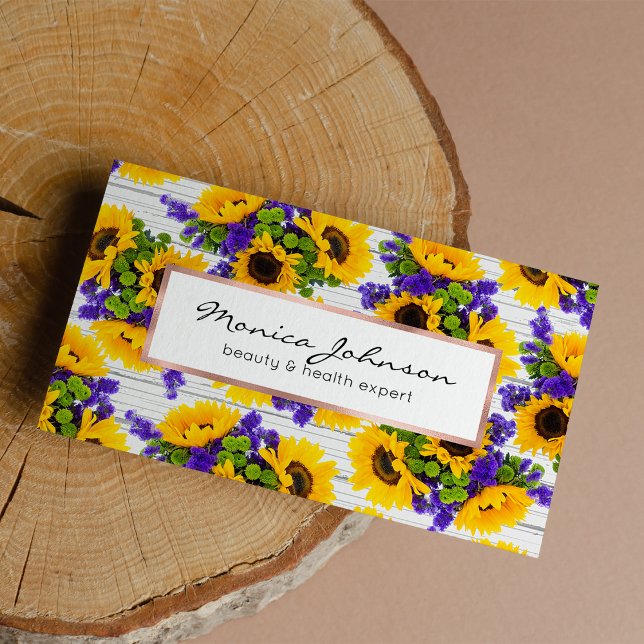 Country Rustic White Wood Purple Yellow Sunflower Business Card (Country Rustic White Wood Purple Yellow Sunflower Business Card )