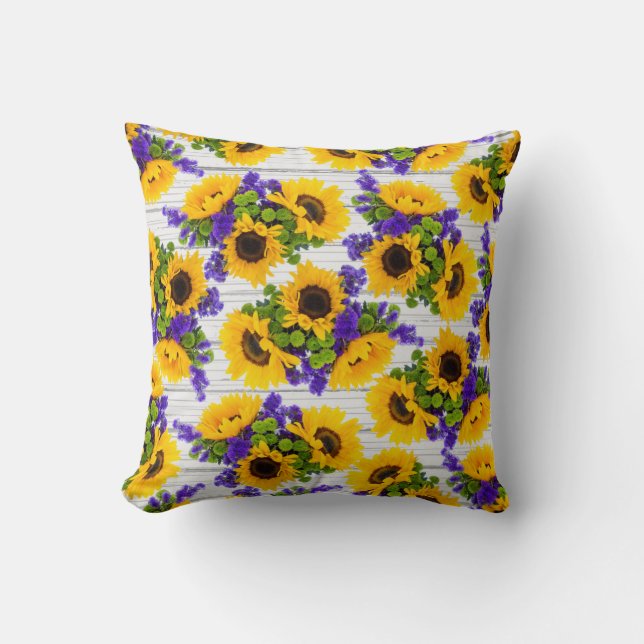 Country rustic white wood purple yellow sunflower cushion (Front)