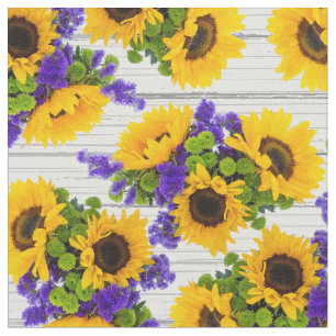 Country Rustic White Wood Purple Yellow Sunflower Fabric