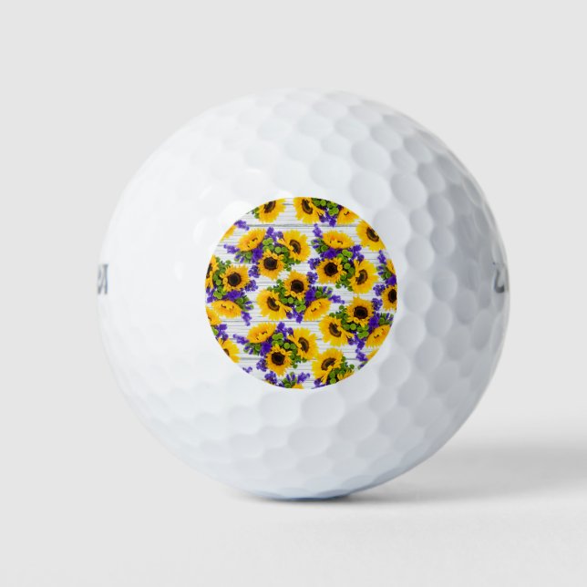 Country Rustic White Wood Purple Yellow Sunflower Golf Balls (Front)