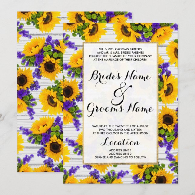 Country Rustic White Wood Purple Yellow Sunflower Invitation (Front/Back)