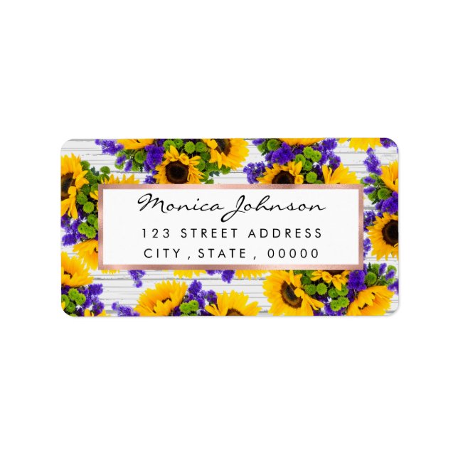 Country Rustic White Wood Purple Yellow Sunflower Label (Front)