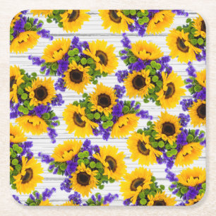 Country Rustic White Wood Purple Yellow Sunflower Square Paper Coaster