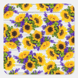 Country Rustic White Wood Purple Yellow Sunflower Square Sticker