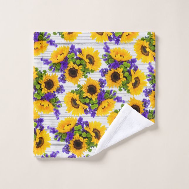 Country Rustic White Wood Purple Yellow Sunflower Wash Cloth (Wash Cloth)