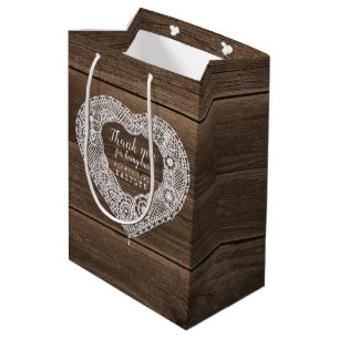 Country rustic wood and lace wedding favour bag