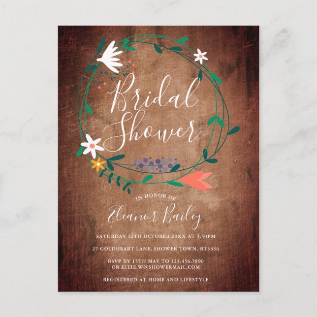Country Rustic Wood Floral Garland Bridal Shower Announcement Postcard (Front)