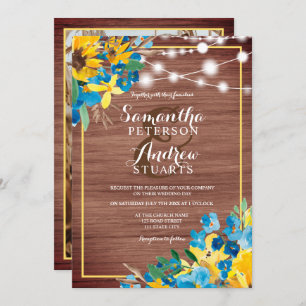 Country rustic wood floral lights photo wedding invitation