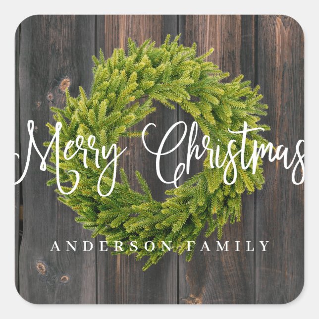 Country Rustic Wood Merry Christmas Greeting Square Sticker (Front)