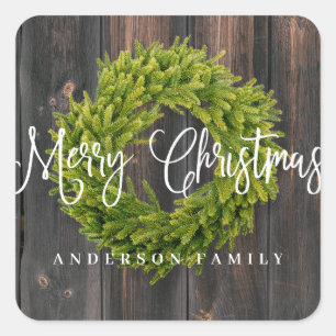Country Rustic Wood Merry Christmas Greeting Square Sticker