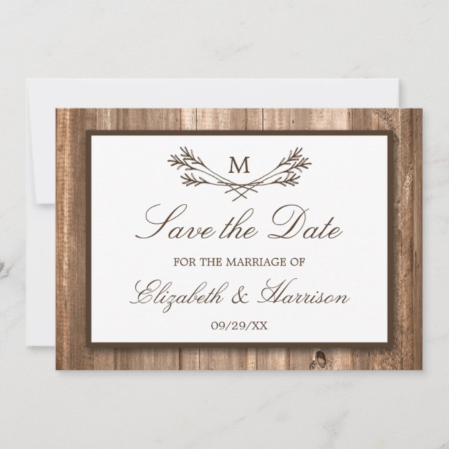 Country Rustic Wood Monogram Branch Save The Date (Front)