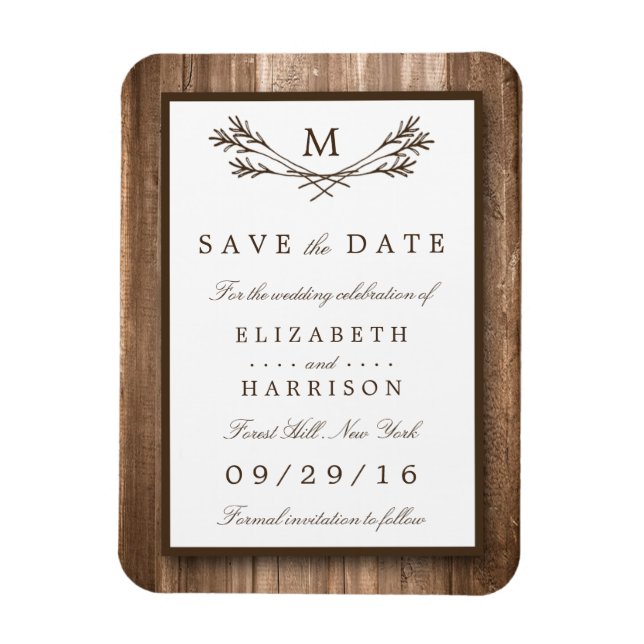 Country Rustic Wood Monogram Branch Save The Date Magnet (Vertical)