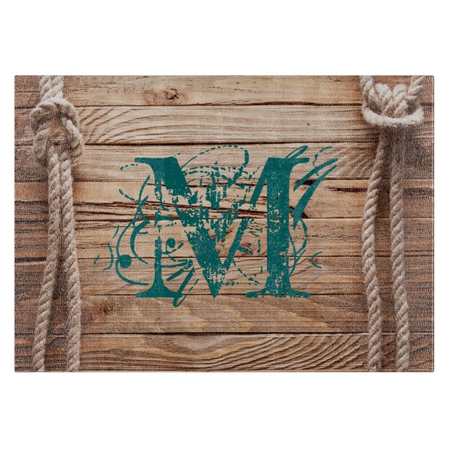 Country Rustic Wood Monogram Glass Cutting Board (Front)