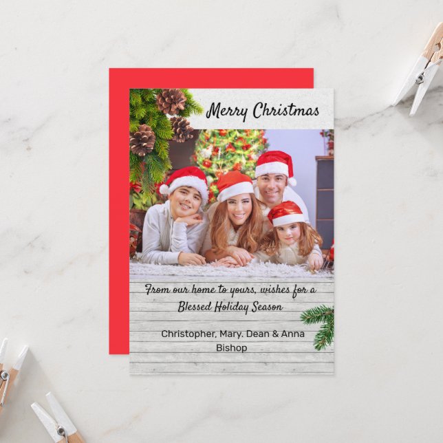 Country Rustic Wood Photo Christmas Card (Front/Back In Situ)
