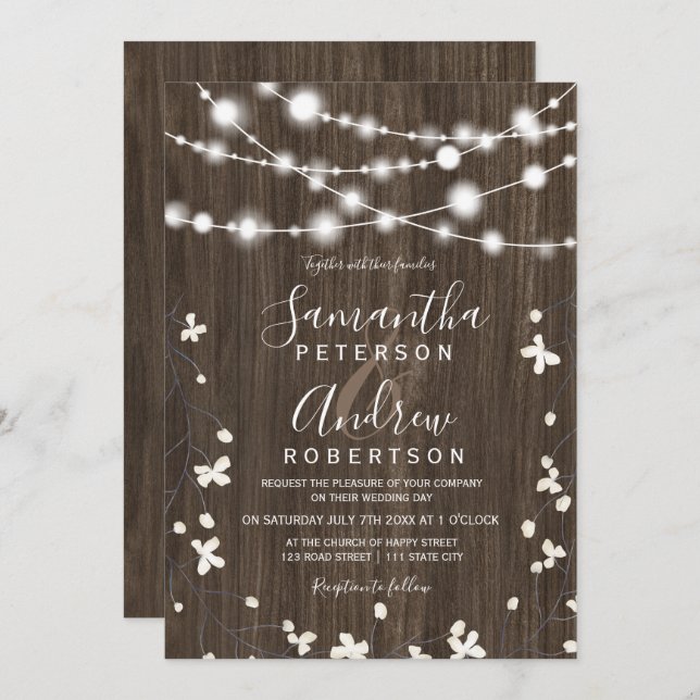 Country rustic wood string lights floral wedding invitation (Front/Back)