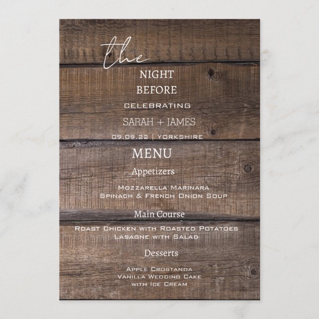 Country Rustic Wood The Night Before Wedding  Menu (Front)