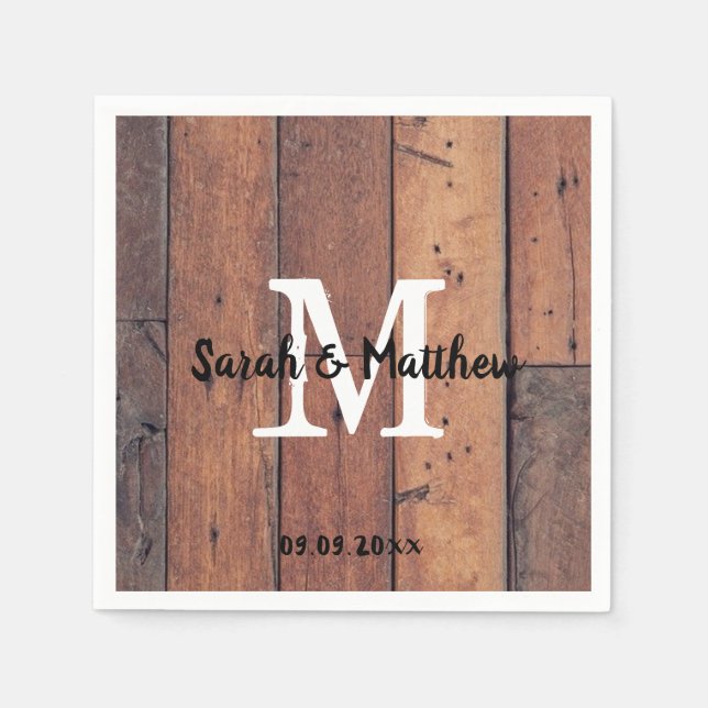 Country Rustic Wooden Monogram Wedding Bridal Napkin (Front)