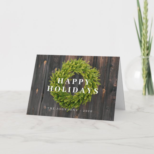 Country Rustic Wreath Botanical Wood Christmas Holiday Card (Front)