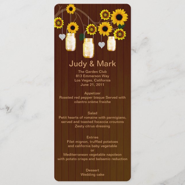 Country Rustic Yellow Mason Jars Wedding Menu Card (Front)