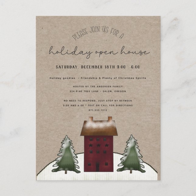 Country Saltbox Rustic Family Holiday Open House Postcard (Front)