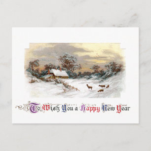Country Scene with Deer Vintage New Year Holiday Postcard