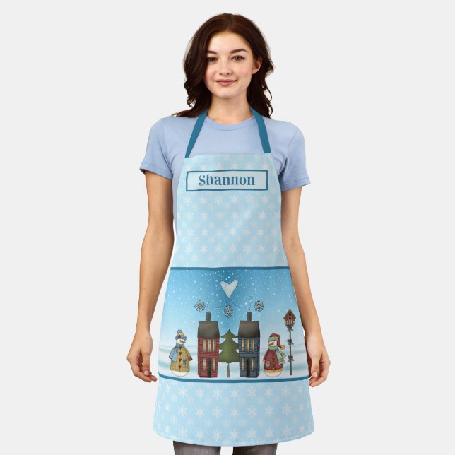 Country Snowmen In A Village Lots of Snowflakes Apron (Worn)