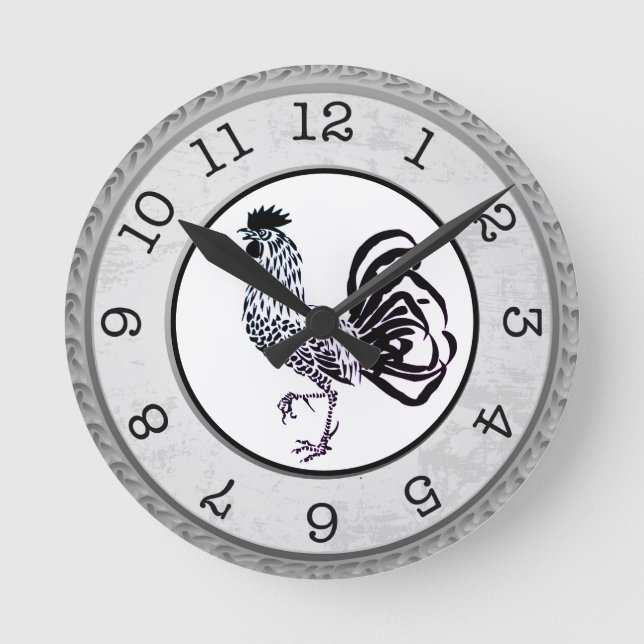Country Style Black Rooster Round Wall Clock (Front)