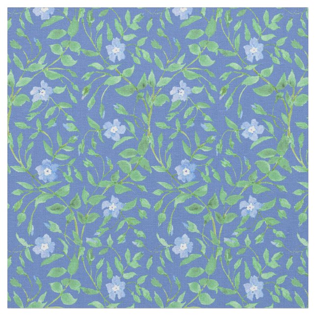 Country-style Blue Green Floral Periwinkle Pattern Fabric (Close Up)