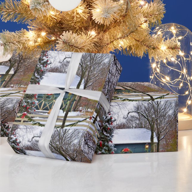 Country Style Farm with Christmas Tree Decoupage Wrapping Paper (Holidays)