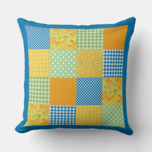 Country-style Faux-patchwork Pillow: Daffodils Cushion