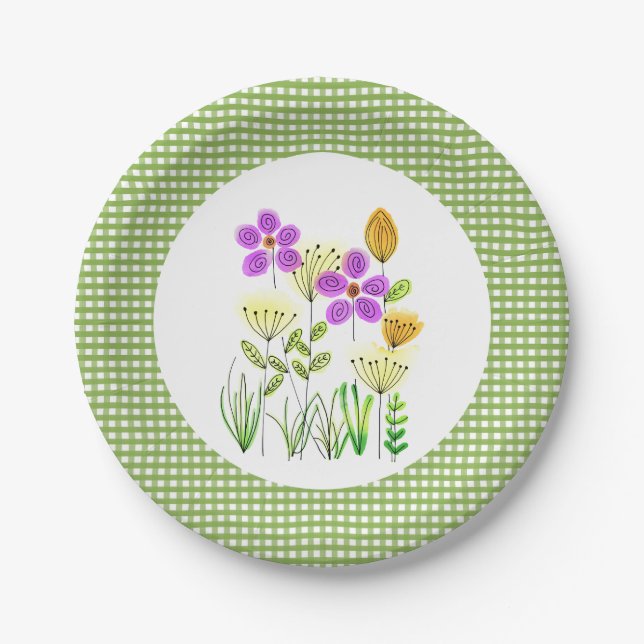Country Style Green Gingham and Wildflowers Party Paper Plate (Front)