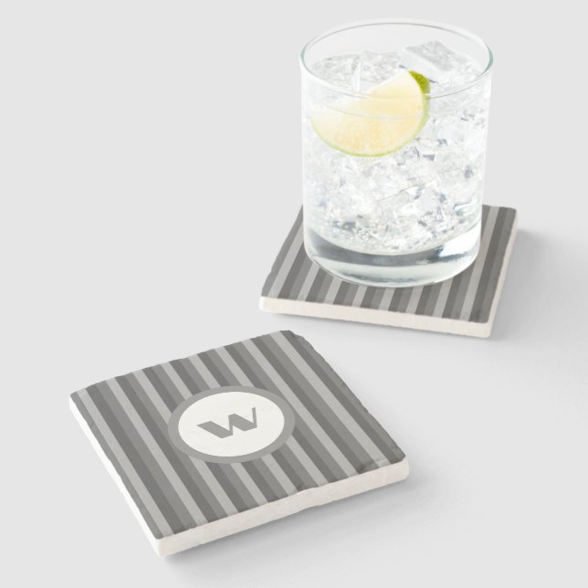 Country-Style Grey Striped Monogram Stone Coaster (Side)